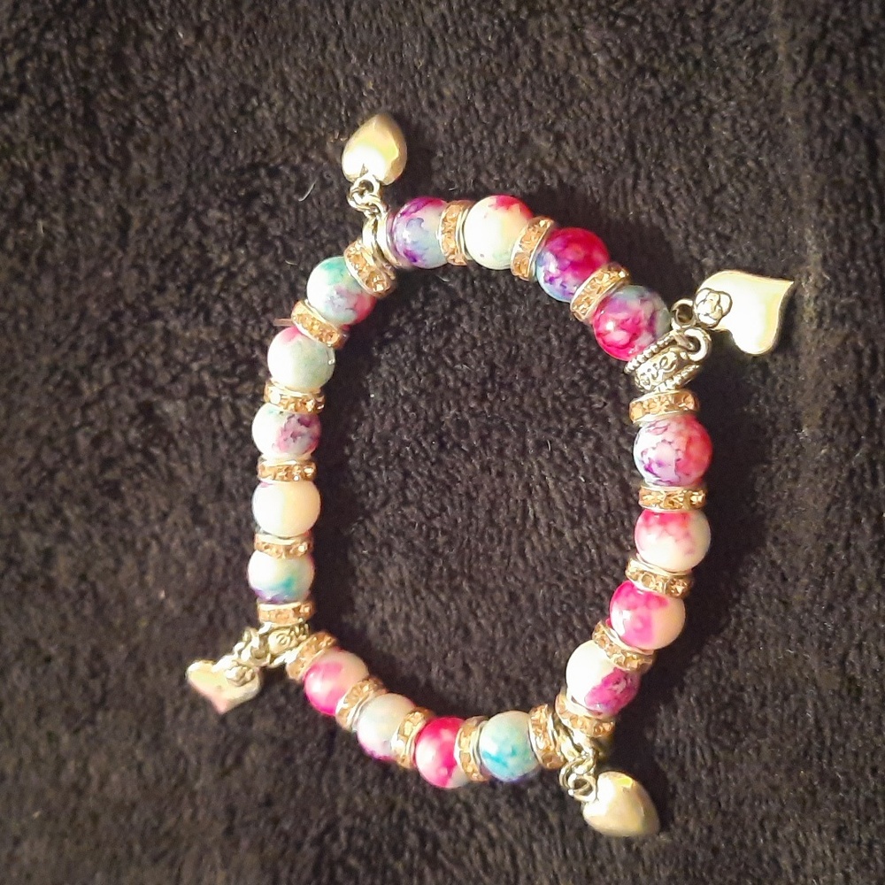 Colorful Beaded Bracelet with Heart Charms NWOT